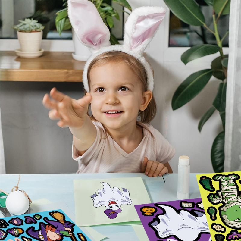 New 8 Sheets DIY Pumpkin Ghost Assemble Jigsaw Educational Game Make A Face Puzzle PVC Sticker Kids Party Favors Gift Toy