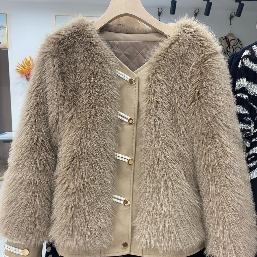 New imitation fox fur jacket winter temperament leather jacket short 2024 crew neck cotton coat young