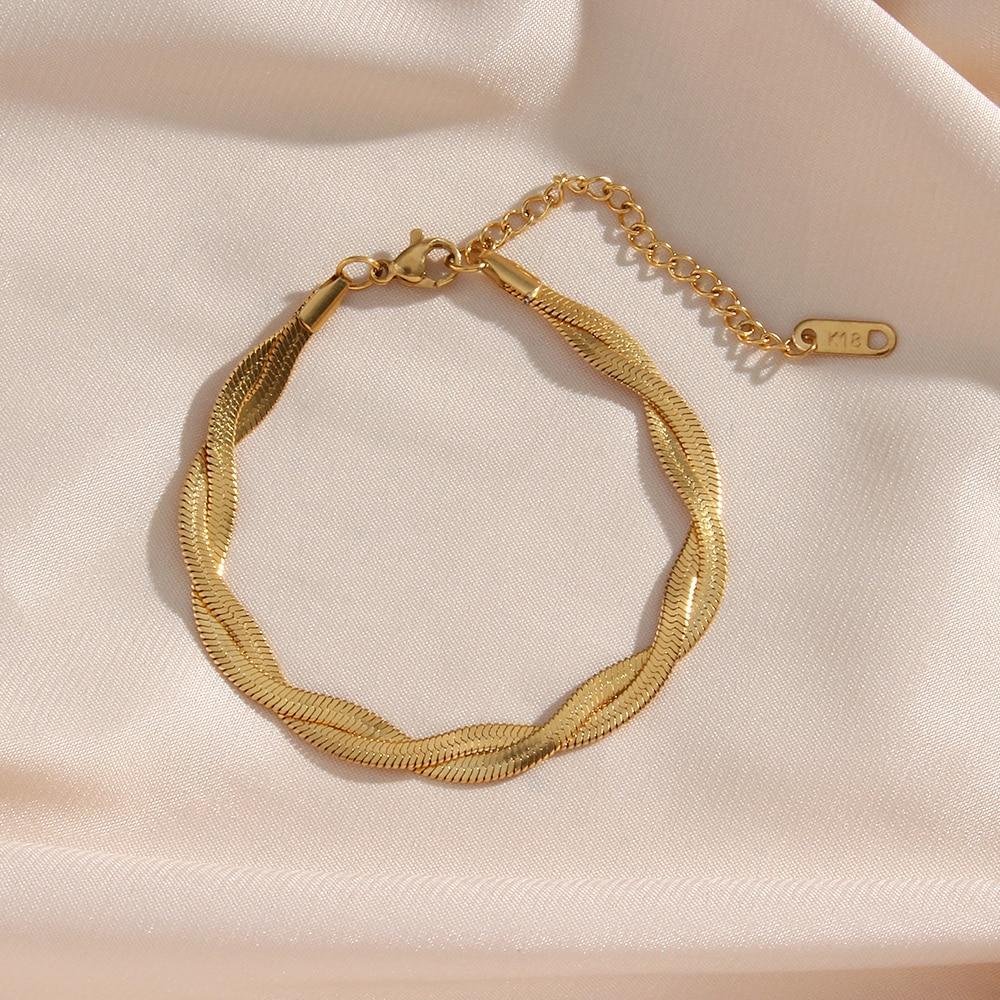 18k Gold Plated Waterproof Braided Herringbone Chain Necklace Bracelets Set Stainless Steel Jewelry for Women