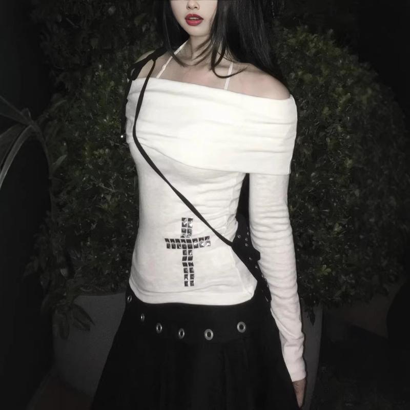 Y2K casual and fashionable white one shoulder long sleeved tight fitting women's top