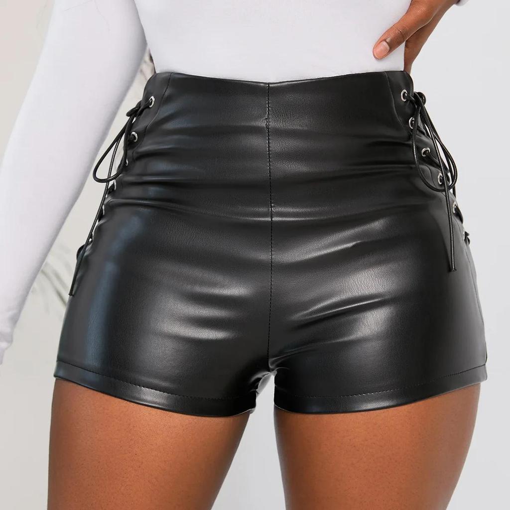 Sexy Black PU Fashion Casual Summer Shorts Women Faux Leather Lace Up Goth Club High Waist Shorts Y2K Slim Short Pants