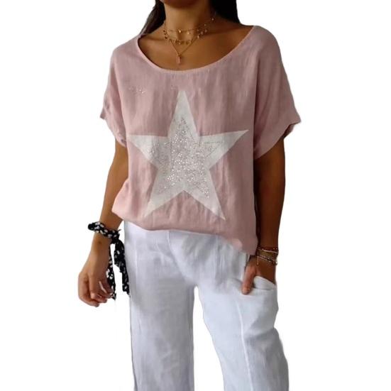 Dam Sommartoppar Kortärmad Rundhals T-shirt Hot Drill Stjärntryck Lös Passform Casual T-shirt Daglig Användning