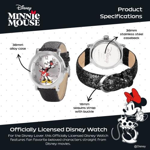 Disney Minnie Mouse Adult Vintage Articulating Hands Analog Quartz Watch, Black, Black Strap