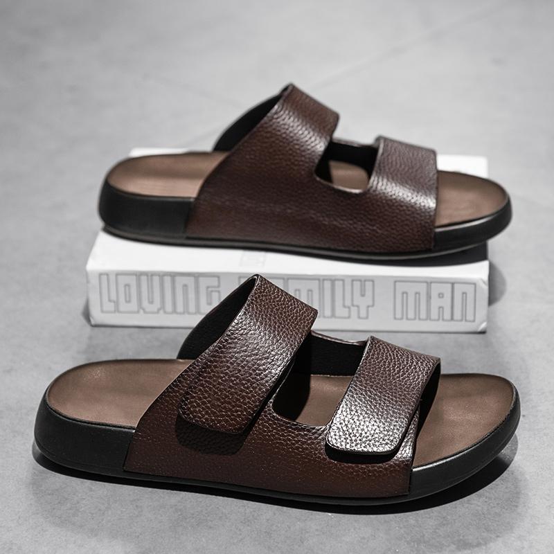 Fashion Fashionable Outdoor Men's Anti Slip Beach Sandals for Summer New Comfortable Men Top Layer Cowhide Explosive Latex Pad Slippers