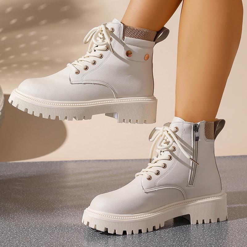 Fashion Winter Warm Thicken Plush Ankle Boots Women Fashion Lace Up Platform Combat Boots Woman Comfort Zipper Pu Leather Short Booties