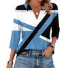 Women's Fashionable Casual Lapel T-Shirt With Striped Patchwork Print Seven Quarter Sleeve Top