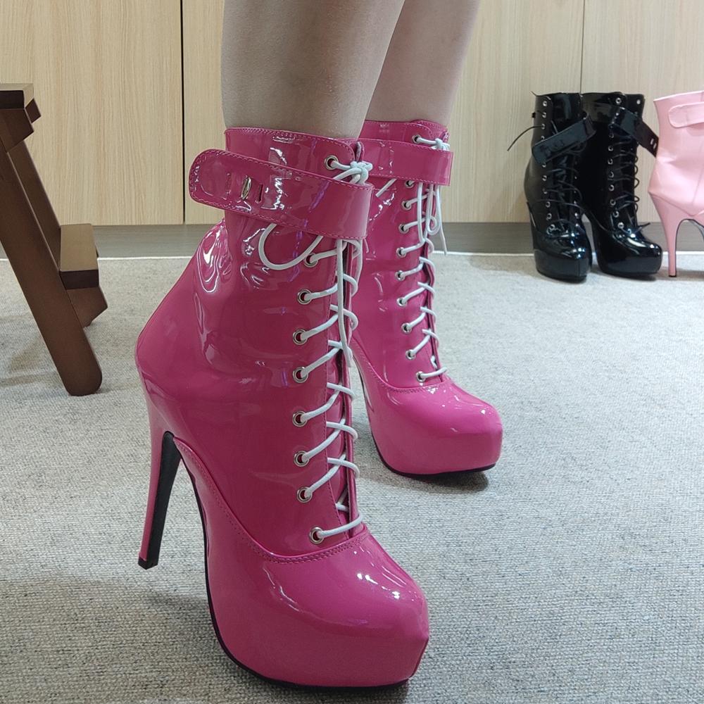 Sexy Single Boots Lace Up 15cm High Top Thin Heel 4CM Platform Ankle Short Unisex Plus Size Padlocks