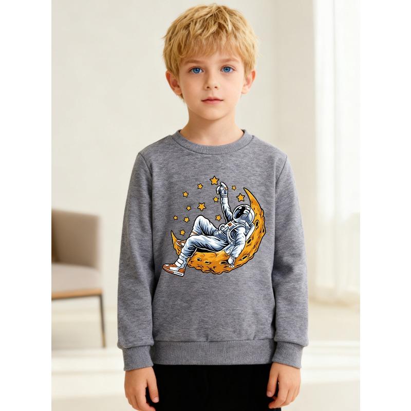 European sizes Kids' Fashion Round Neck Pullover Sweater, Long Sleeve Top, Astronaut Print, Suitable for Kids' Daily Casual Wear, Outdoor Activities