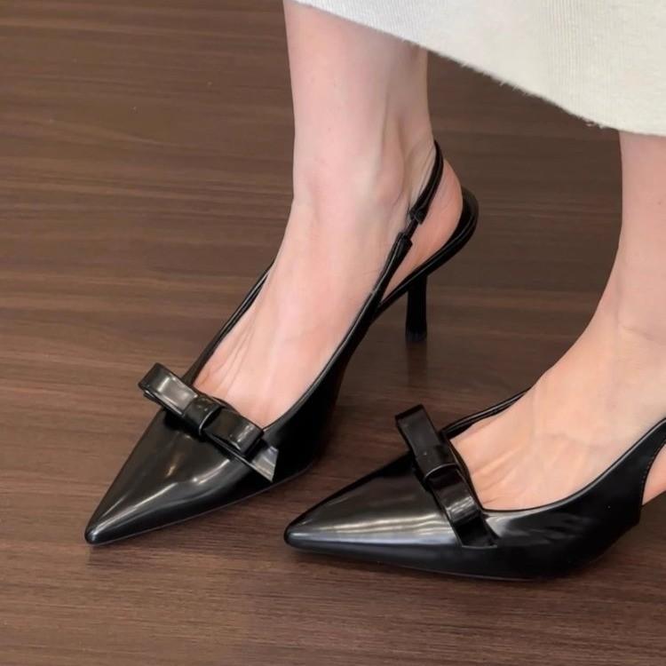 Fashion French pointed high heel sandals women 2025 summer new bow temperament girl Bao head thin heel after empty single shoes