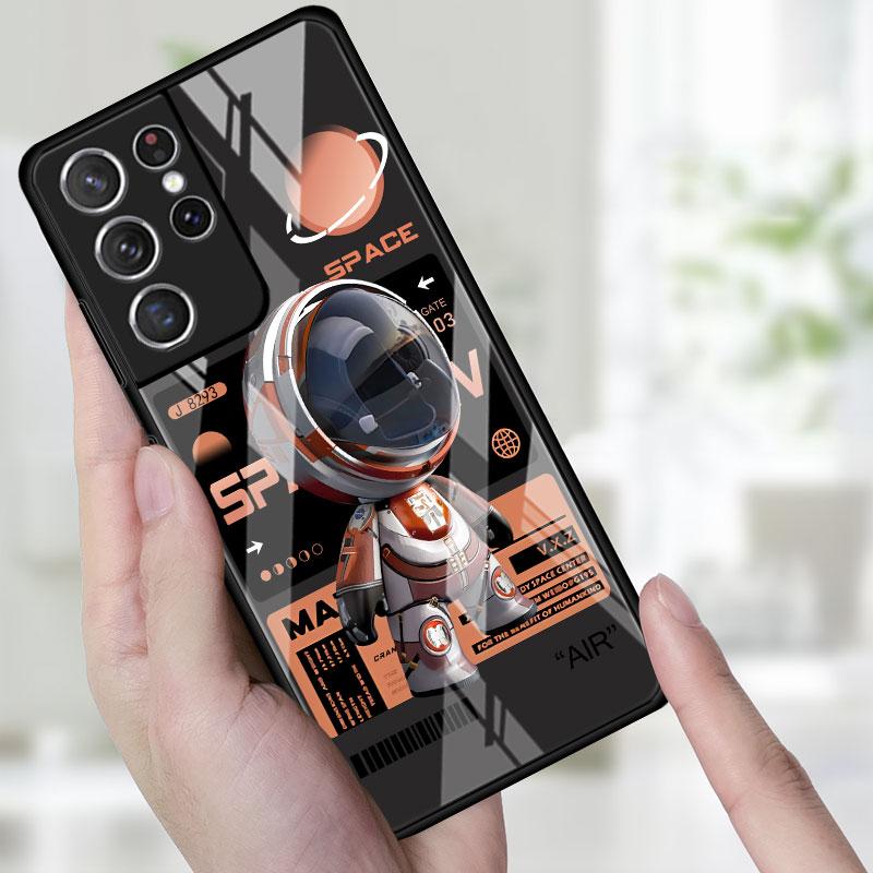 Phone Glass Case For Samsung Galaxy S22 S21 S20 Ultra FE S9 S10 S8 Plus Note 20 10 Lite 9 8 Cover Coque Cute Head Mini Astronaut