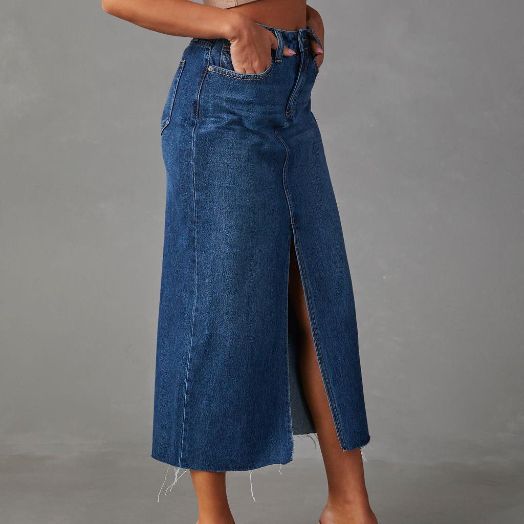 2024 Women's High Waist Washed Denim A-line Midi Skirt In European and American Style