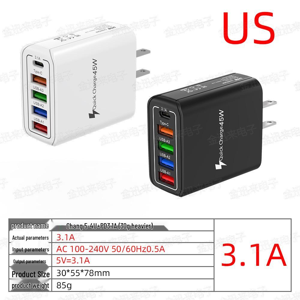 

EU Standard Multi-Functional Charger: 4A+1C Ports, 3.1A, 45W Type-C Power Supply Black - Matte Pouch