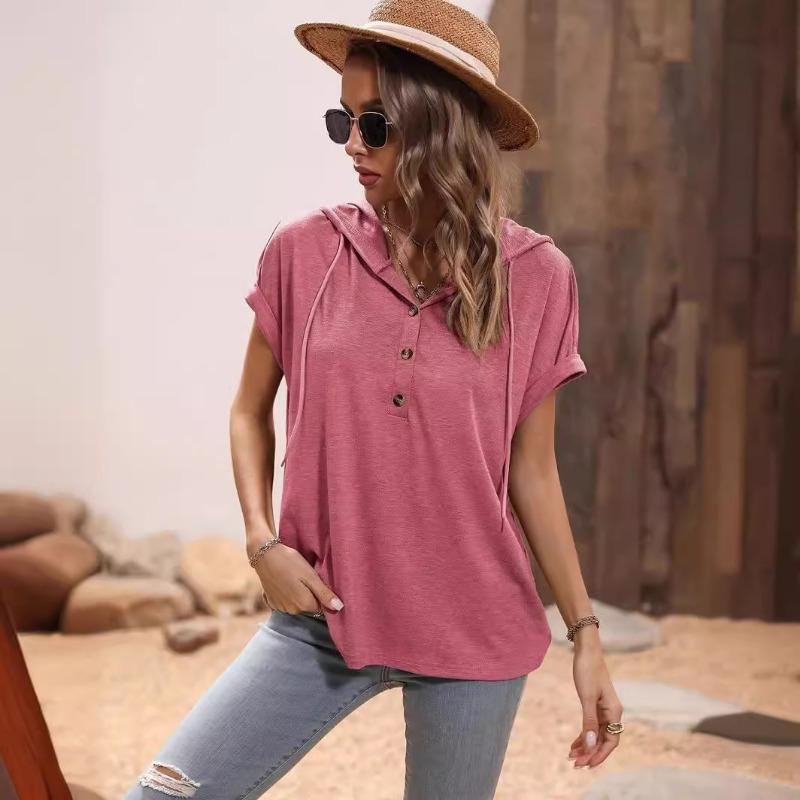 Summer Short Sleeved Hooded Women T-shirt New Loose Buttons Casual Simple T Shirt Female Plus Size Tops Women's Clothing 3267