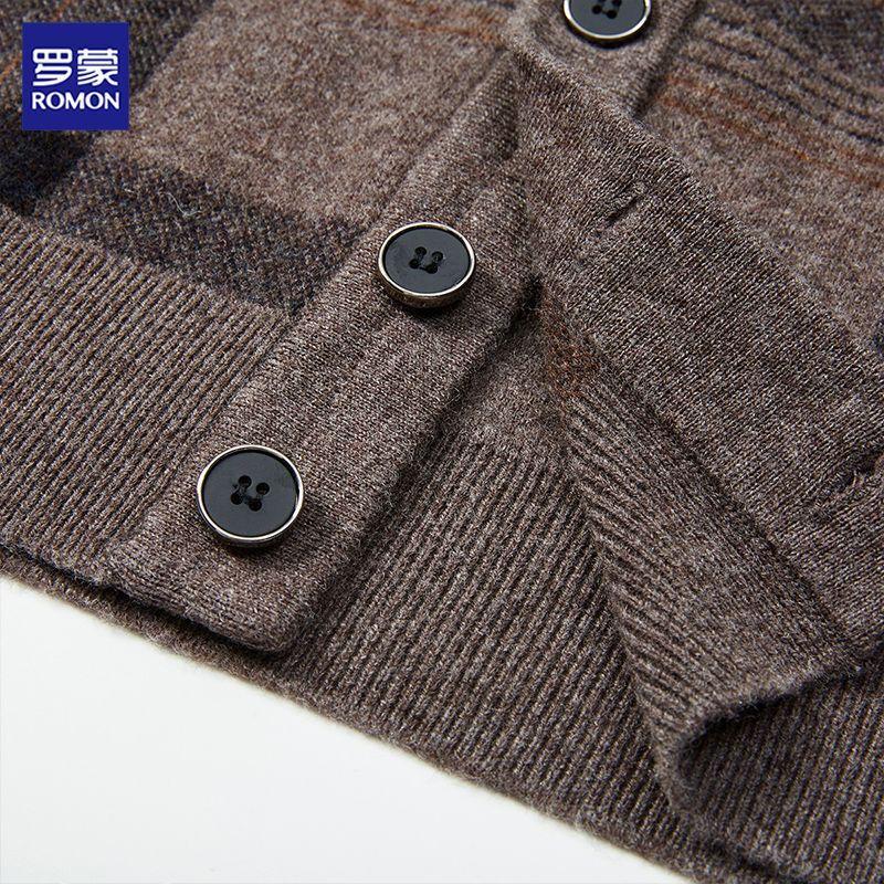 ROMON Men's 100% Merino Wool Plaid Thickened Cardigan