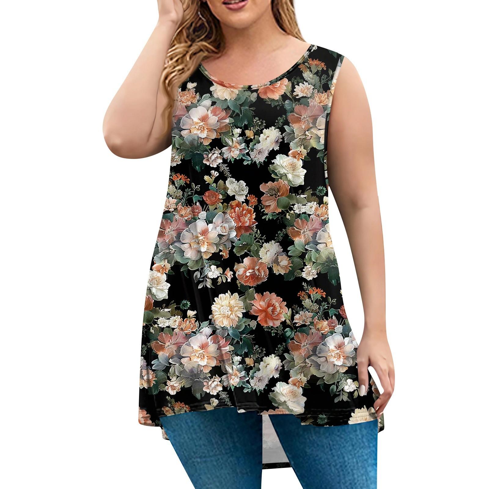 

Женская мода большого размера с круглым вырезом без рукавов повседневный свободный пуловер с принтом XXL чёрный