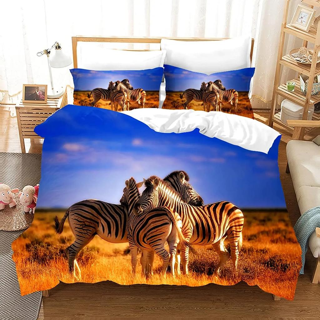 Zebra Duvet Cover Set King Queen Size Polyester Comforter Cover Black And White Stripe Wild Animals For Kids Teens Bedding Set