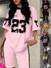 Plus Size European Style Two-Piece Set: Digital Print T-Shirt & Capris Casual Sportswear for Women