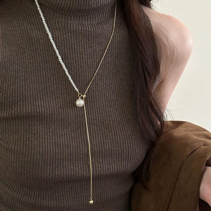 Simple Water Droplet Pendant Necklace For Women  Irregular Metal Smooth Long Y-Shaped Necklace Sweater Chain Jewelry