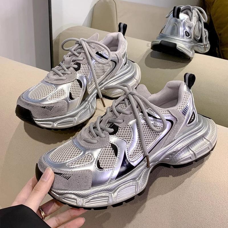2024 Summer New Silver Pink Dad Shoes Women's Breathable Casual Running Shoes Versatile Lightweight Platform Sneakers
