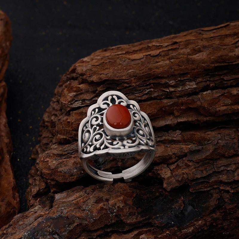Adjustable Open Ring With Chinese Floral Scroll Motif Red Agate Inlay Vintage Bohemian Style Women Men Adjustable Open Band