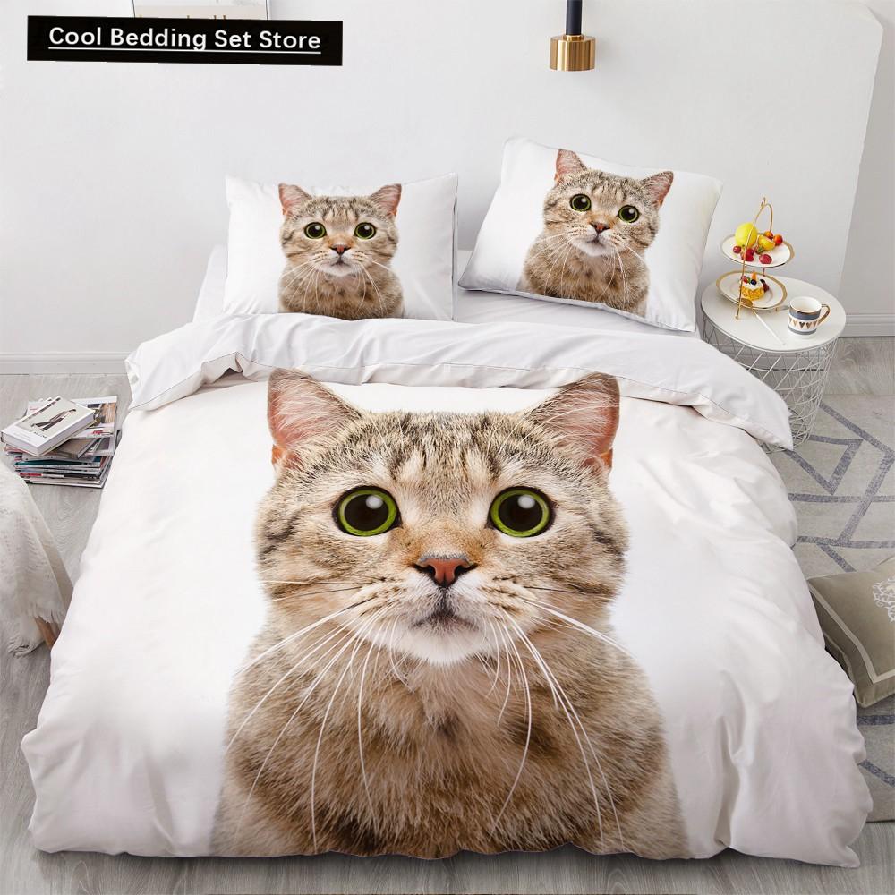3D Cat King Queen Duvet Cover Lovely Grey White Kitty Bedding Set for Kids Teens Adults Scottish Fold Soft 2/3pcs Quilt Cover