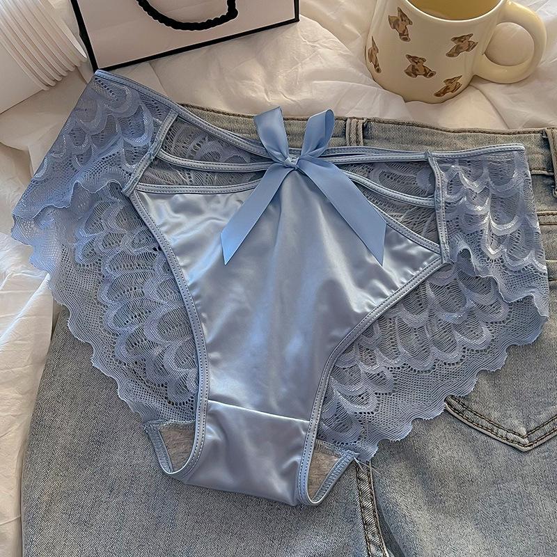 French Satin Lace Mid-Waist Sexy Bow Panties - Breathable Polylactic Acid