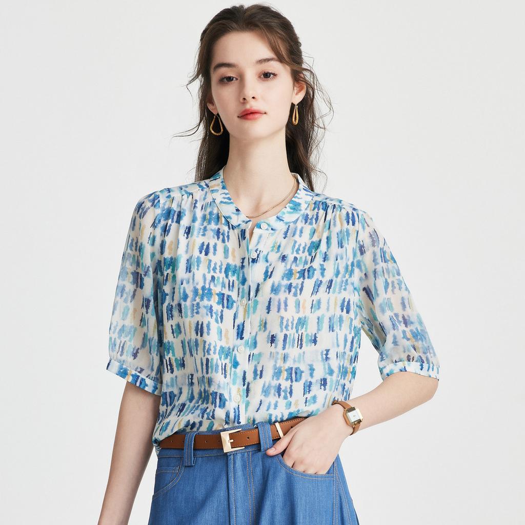 100% Mulberry Silk Women's Printed Short Sleeve Casual Versatile Silk T-shirt
