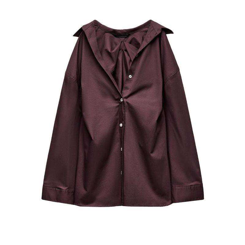 Fall and Winter New Women's Clothing Back Pleated Design Loose Long Sleeves Lapel Single Breasted Shirt 3067118