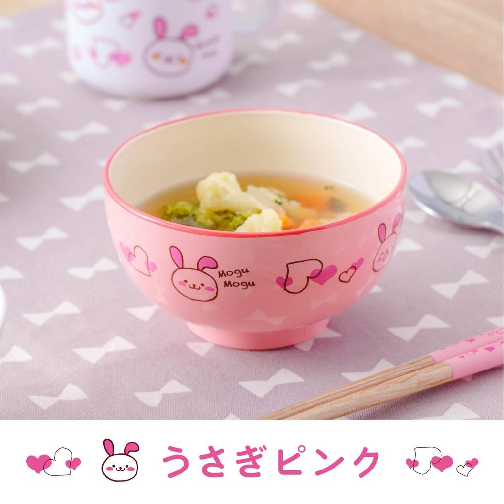 Asahi Koyo Barnesuppeskål, Kanindesign, Rosa, Mikrobølgeovn- og Oppvaskmaskinsikker, Laget i Japan, Sett for Barn, Mogu Mogu-serien, KD-202, 1 Skål