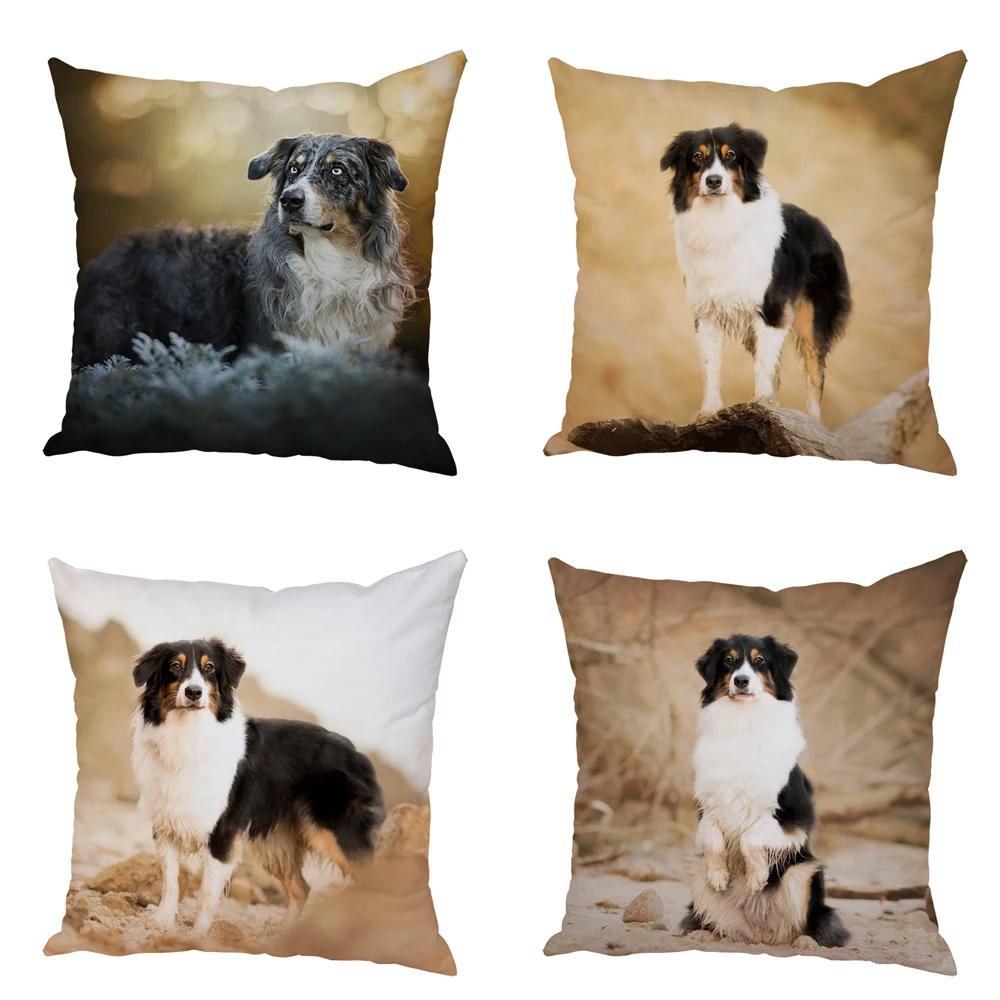 Cute Australian Shepherd Dog Pillow Case Peach Skin Decor Pet Animal Cushion Cover Thorw Pillowcase for Sofa Home Car 45x45cm