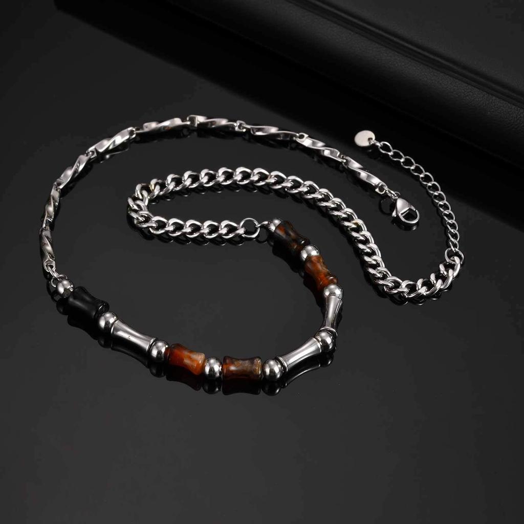 Vnox Collier Réglable 46-51cm Acier Bambou avec Fermoir Mousqueton, Perles d'Agate Naturelle Bijoux Minimalistes Cadeau pour Hommes Femmes