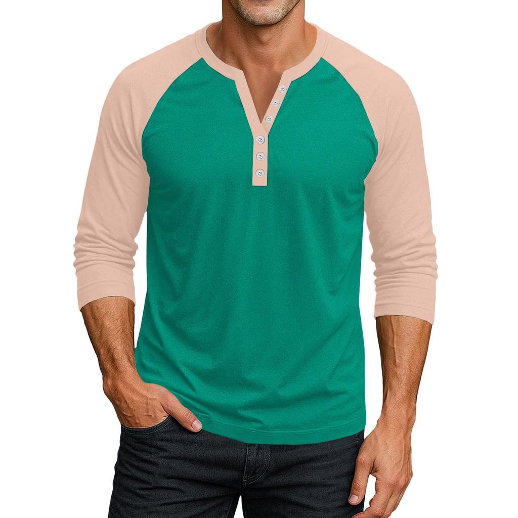 Men's Button-Down Contrast Raglan 3/4 Sleeve Top