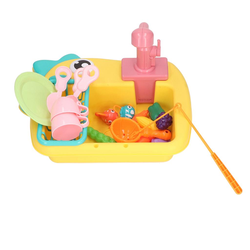 2 in 1 Play Kitchen Sink Toys with Running Water Automatic Faucets Pretend Dinosaur Fishing Toys