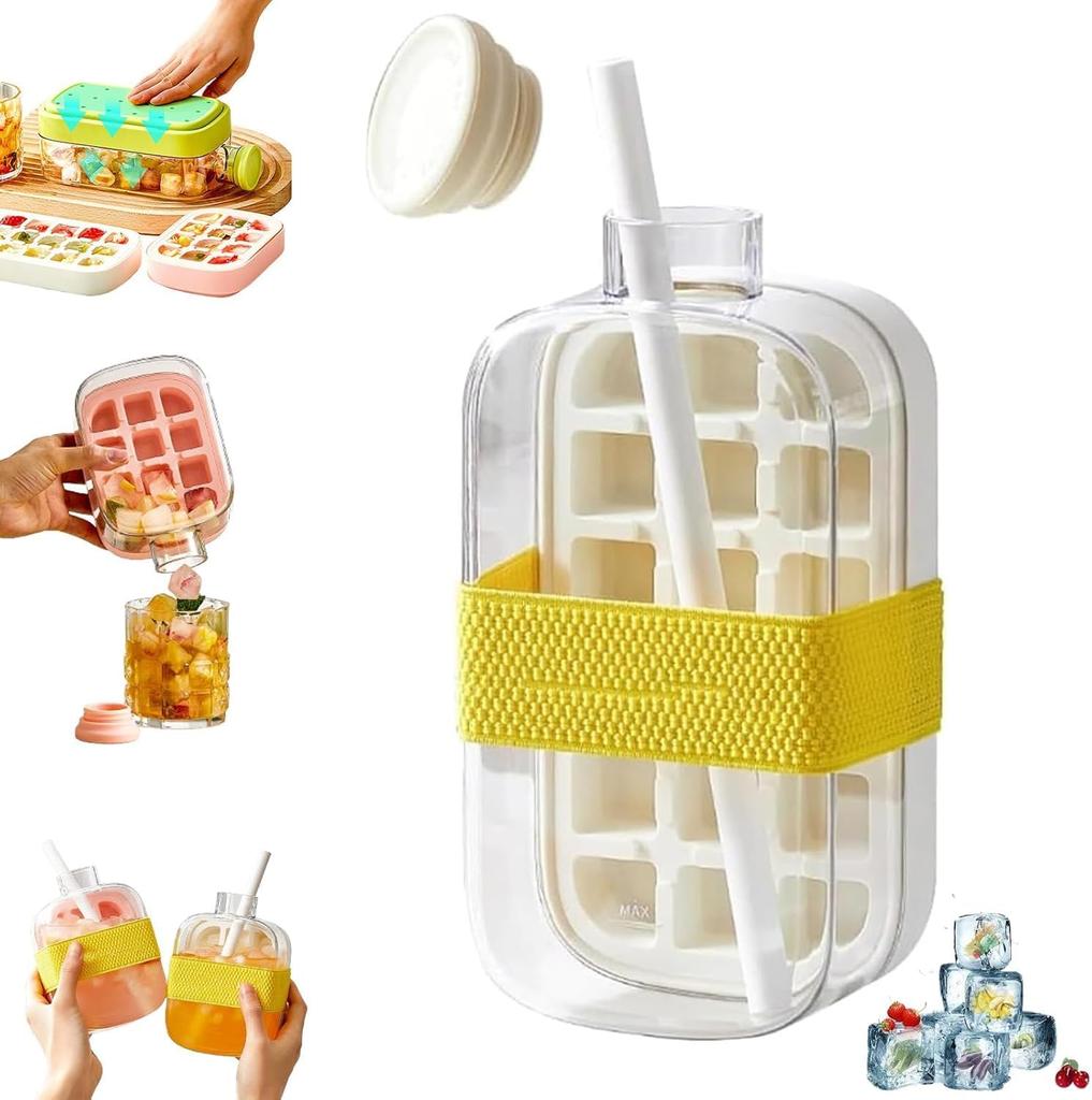 Ice Cube Bottle, Ice Cube Bottle with Lid and Container, 2 In 1 Ice Cube Tray, Water Bottle with Lid and Container