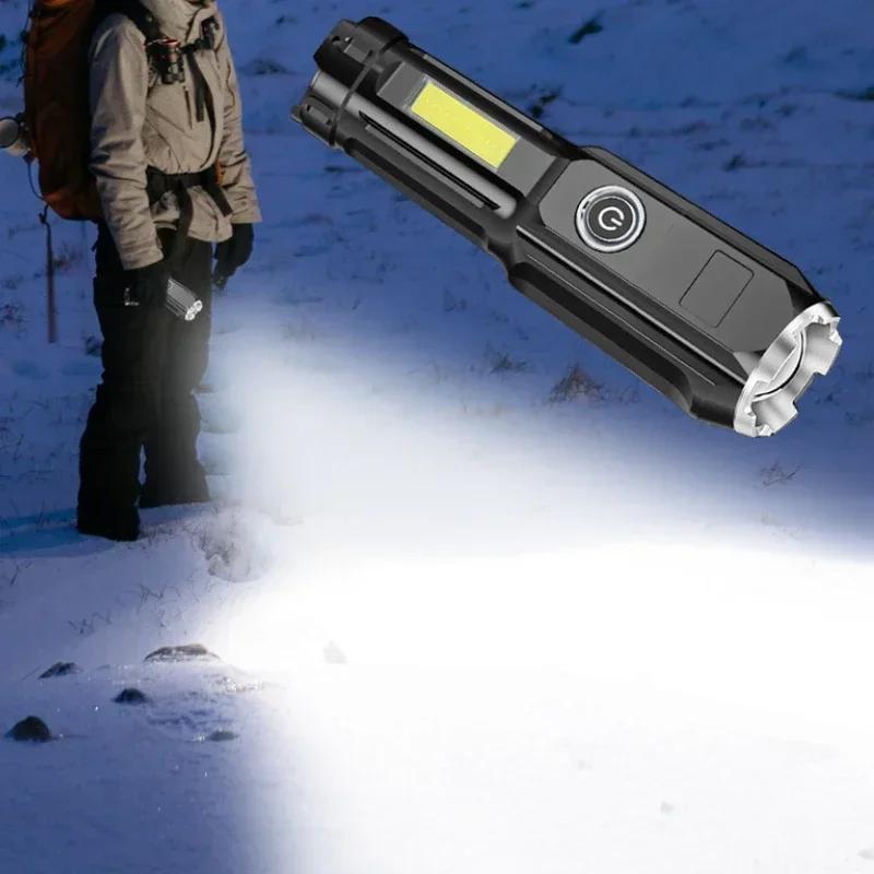High Power Led Flashlight Super Bright Rechargeable Zoom Torch with COB Side Lights Outdoor Camping Night Fishing Lantern