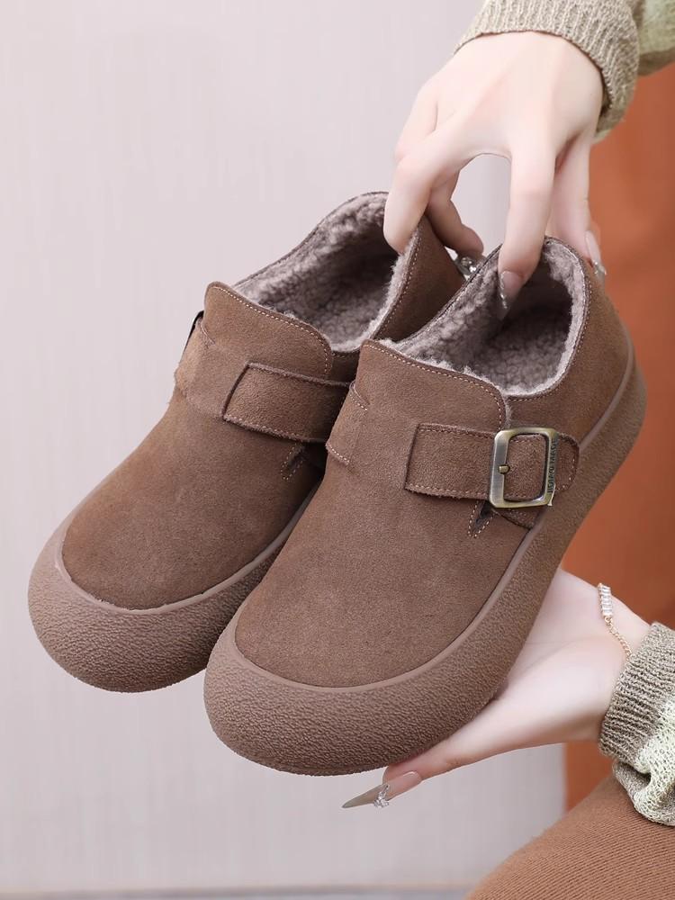 

Fashion GKTINOO Winter Shoes Women Cow Suede Round Toe Buckle Design Warm Short Plush ladies Flat Shoes Handmade 265