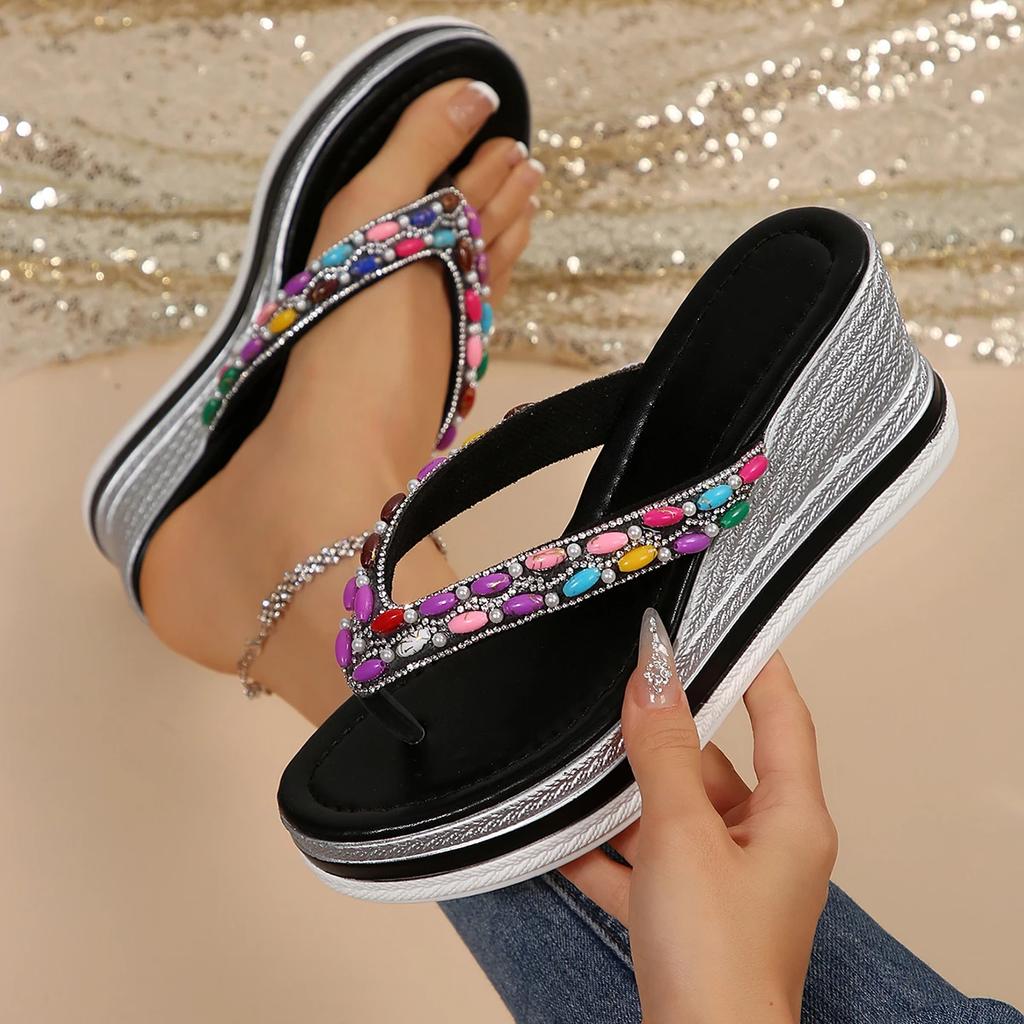 Fashion Women Sandals Fashion Clip Toe Platform Sandals Woman Colorful Beaded Wedge Sandals Flip Flops Summer Thick Sole Beach Shoes