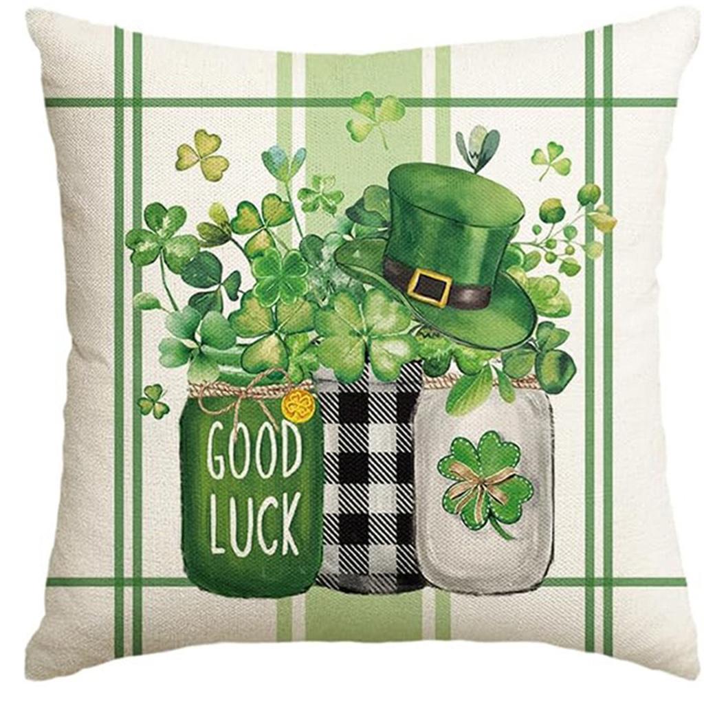 St. Patrick's Day Pillow Cover Line Printed Pillow Cover Green Four-leaf Crocodile Cushion Cover