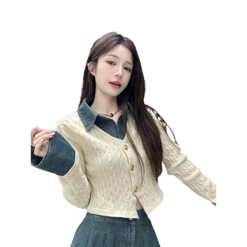 Dámská elegantní džínová patchworková souprava: Pletený top s dlouhým rukávem a midi sukně s vysokým pasem