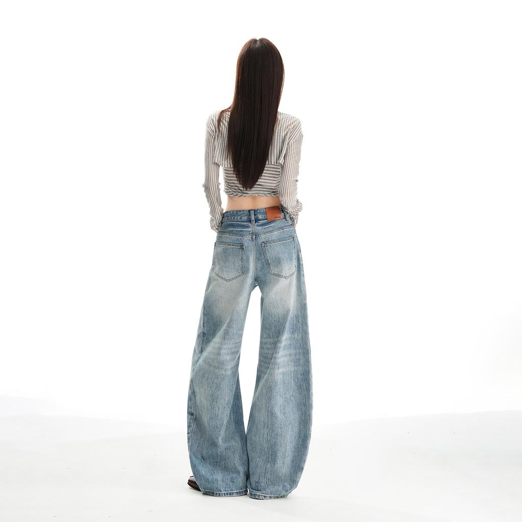 American scimitar wide-leg jeans women's spring and autumn new Spice Girl high-waisted loose and thin straight floor pants