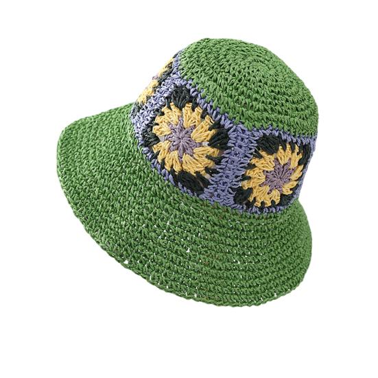 Straw Hat Bohemian Floral Pattern Foldable Beach Hat Wide Brim Hollow Design Bucket Hat Breathable Summer Accessory