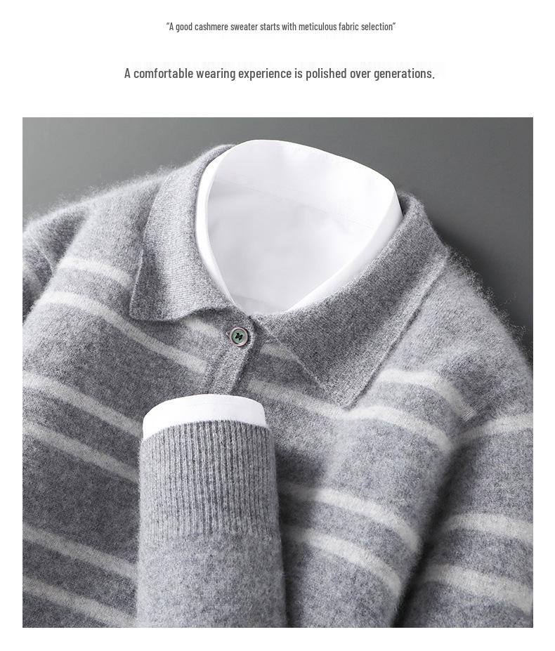 Men's 100% Wool Color Block Stripe Polo Collar Sweater, Autumn/Winter Collection