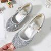 Girls Shoes Children High Heel Glitter Rhinestone Sandals Buckle Kids Princess Dance Shoe Student Performance Leather Shoes