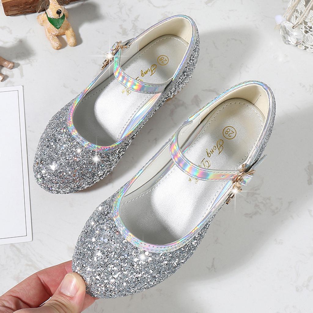 Girls Shoes Children High Heel Glitter Rhinestone Sandals Buckle Kids Princess Dance Shoe Student Performance Leather Shoes