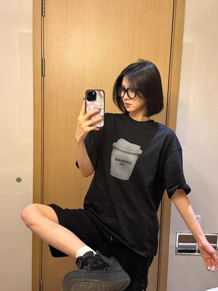 Women's Black Retro Oversized Cotton T-Shirt - Short Sleeve, Straight Shoulder, Summer Trend