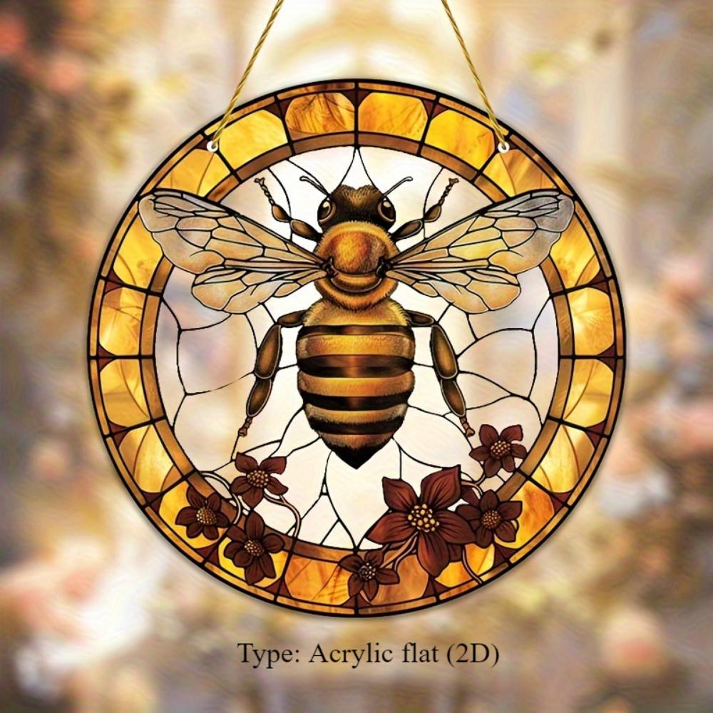 Bee and Flower Stained Glass Catcher, 8x8 inches,Christmas Holiday Themed Window Hanging Decoration, Garden Porch Bedroom Office Art, Decorative Gifts