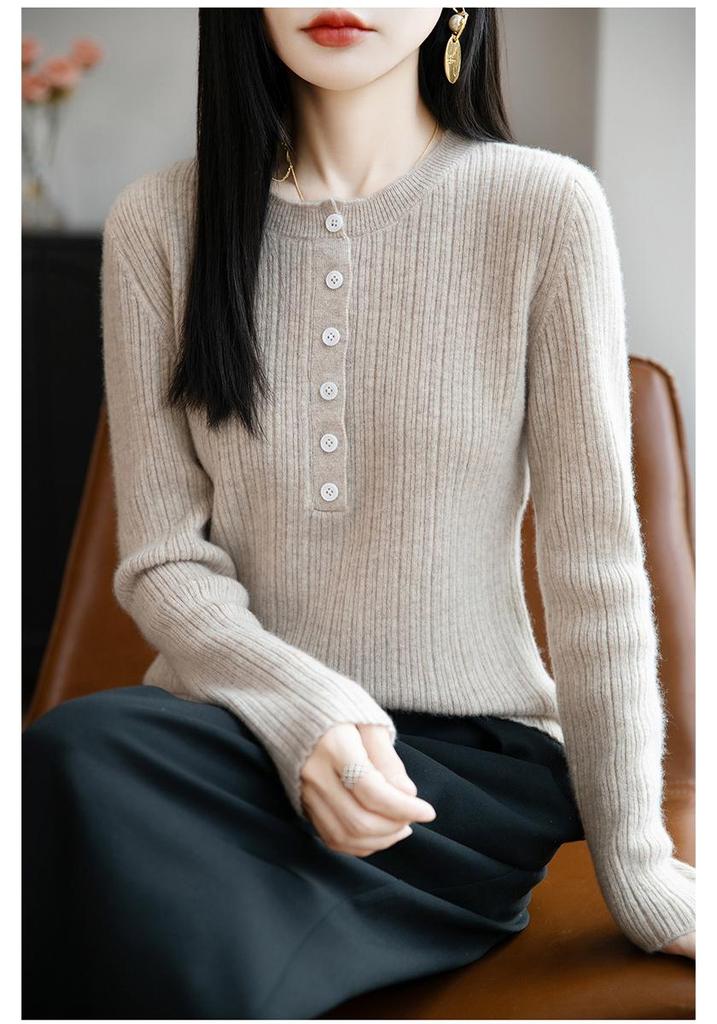 Women's Pure Wool Round Neck Knitwear – Long Sleeve Solid Color Button-Down Loose Top