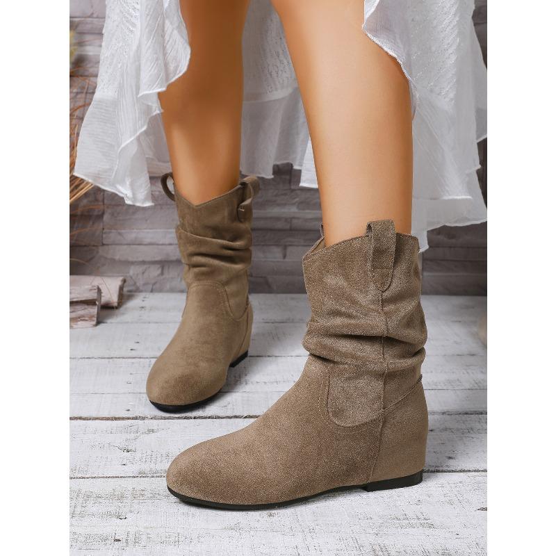 Round Toe Pleated Stack Boots Women's 2025 Winter New Plus-size Retro Sleeve Wedge Mid-leg Boots