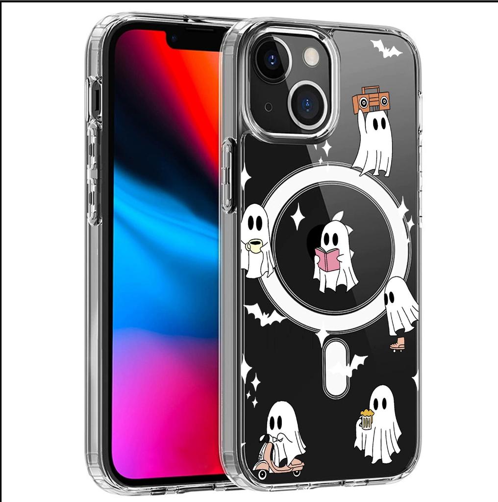 Cartoon Ghost Magnetic Transparent Full Coverage Case for iPhone 15/16/17 Pro Max