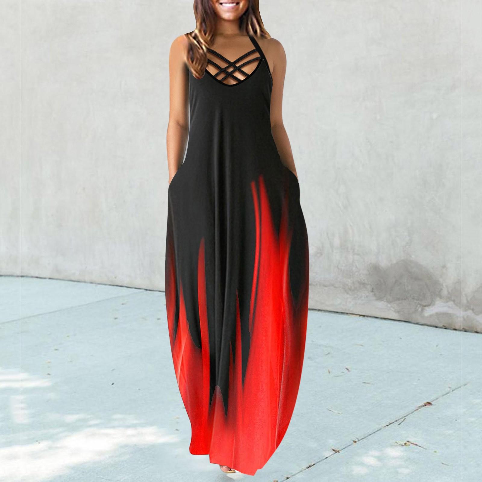 

Ladies Casual Print Sleeveless Round Neck Cross Strap Plus Size Dress Double Pocket S красный